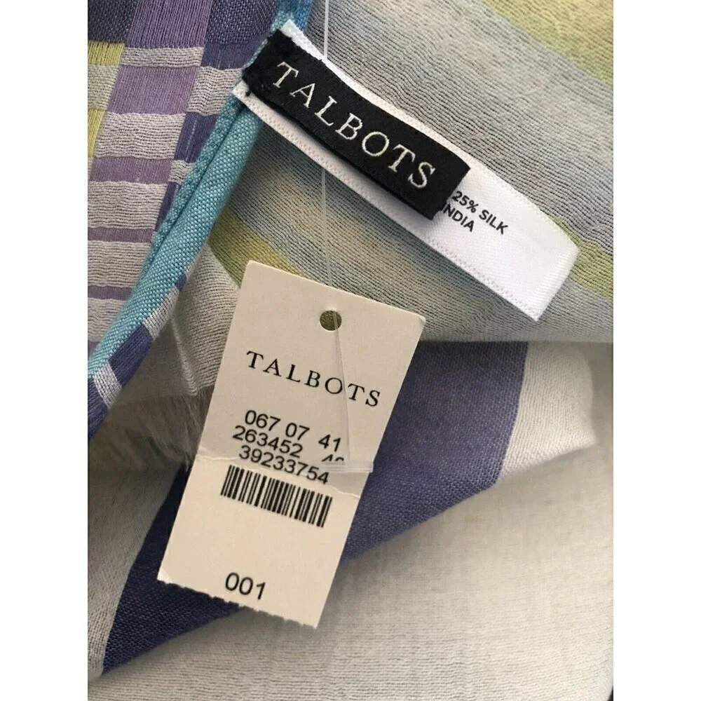 NWT Talbots Off White Scarf Purple Yellow Teal Stripes Cotton Silk